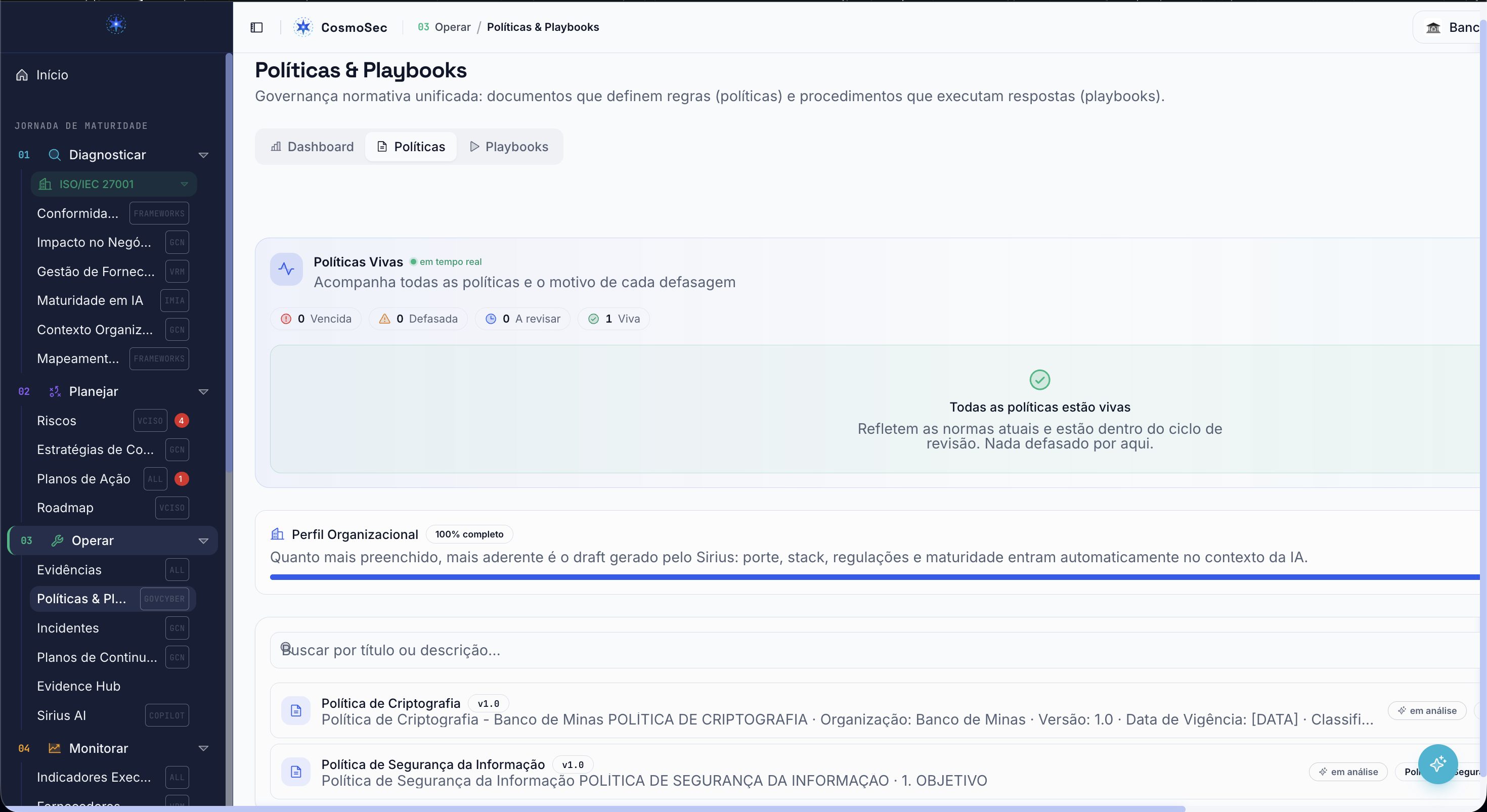 Políticas e Playbooks, app.cosmosec.com.br/politicas/lista