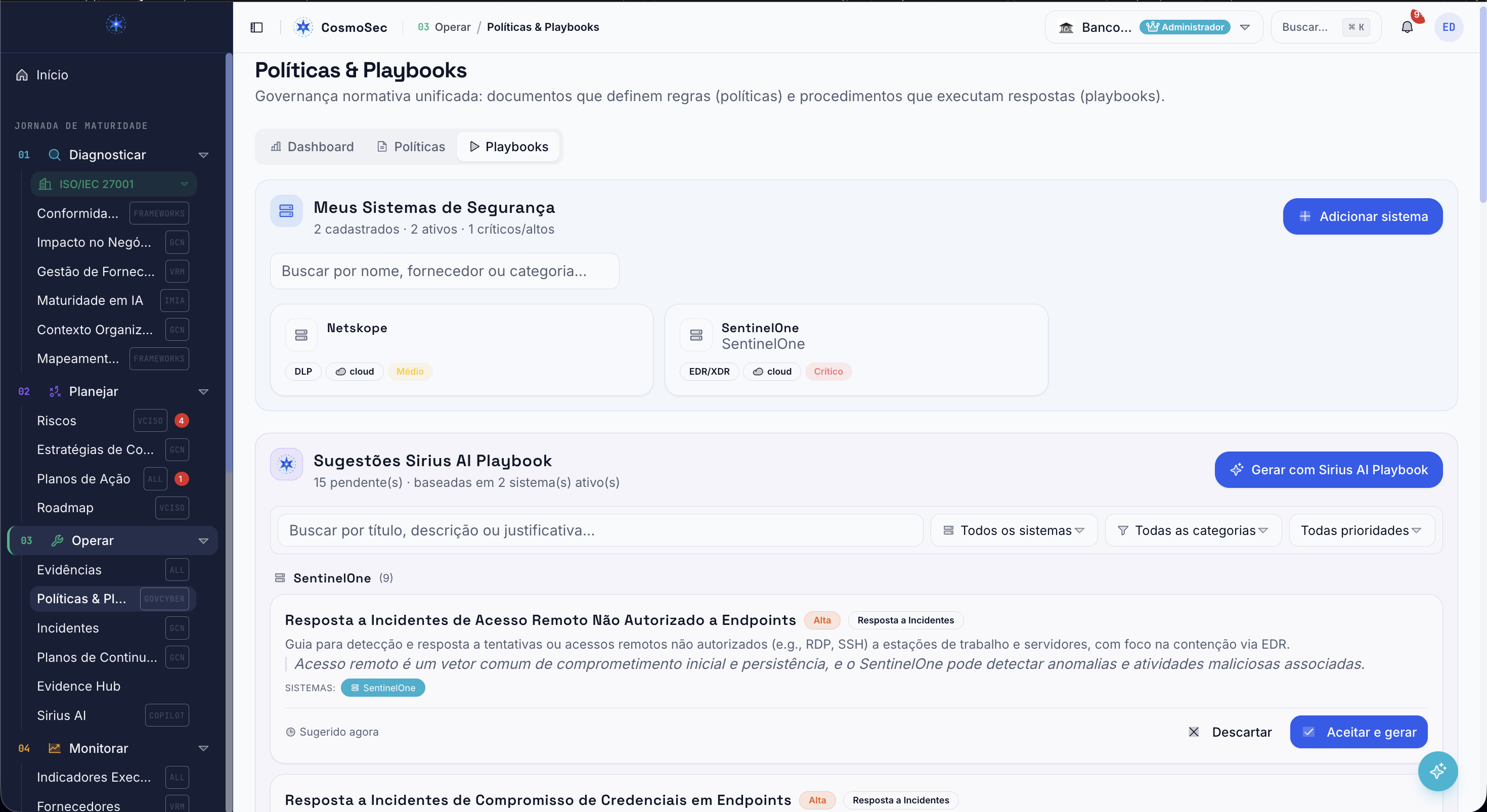 Políticas e Playbooks, app.cosmosec.com.br/politicas/playbooks
