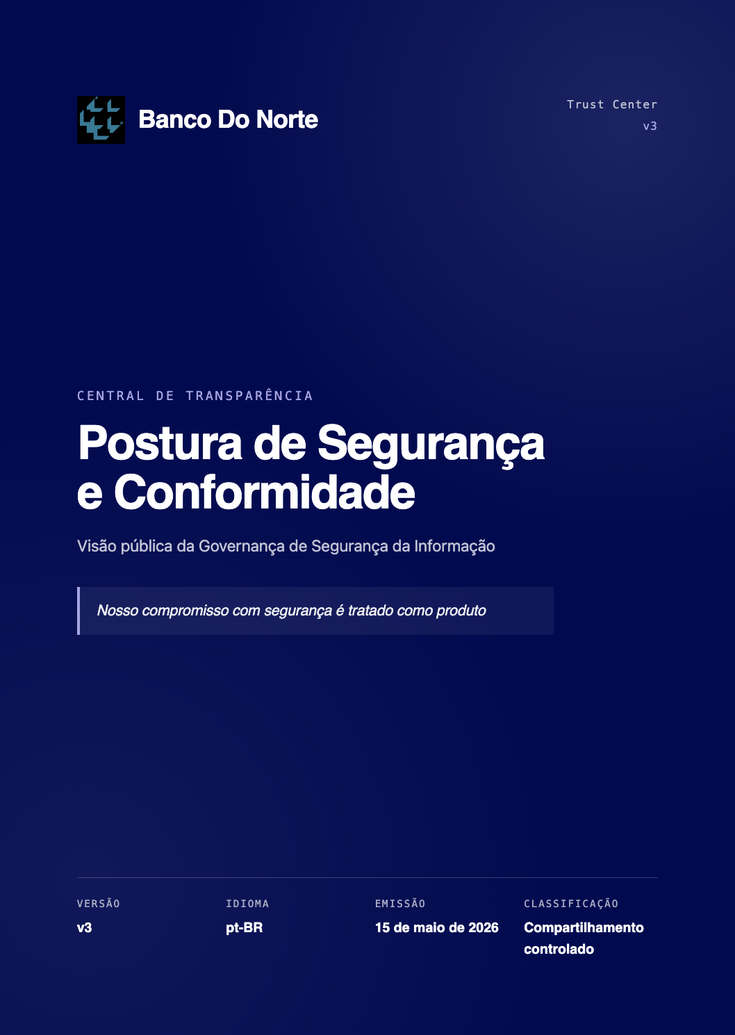 Relatório público do Trust Center do Banco do Norte: capa da Central de Transparência com postura de segurança e conformidade.